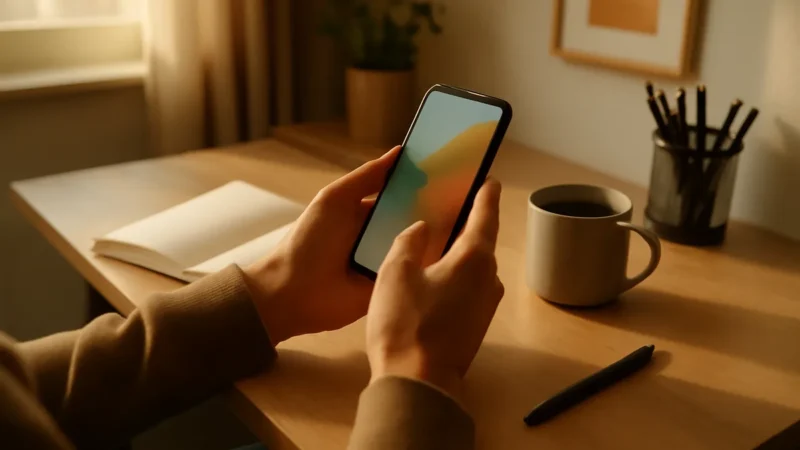Mãos segurando celular com tela de cores suaves sobre mesa com caderno, caneca e porta-lápis