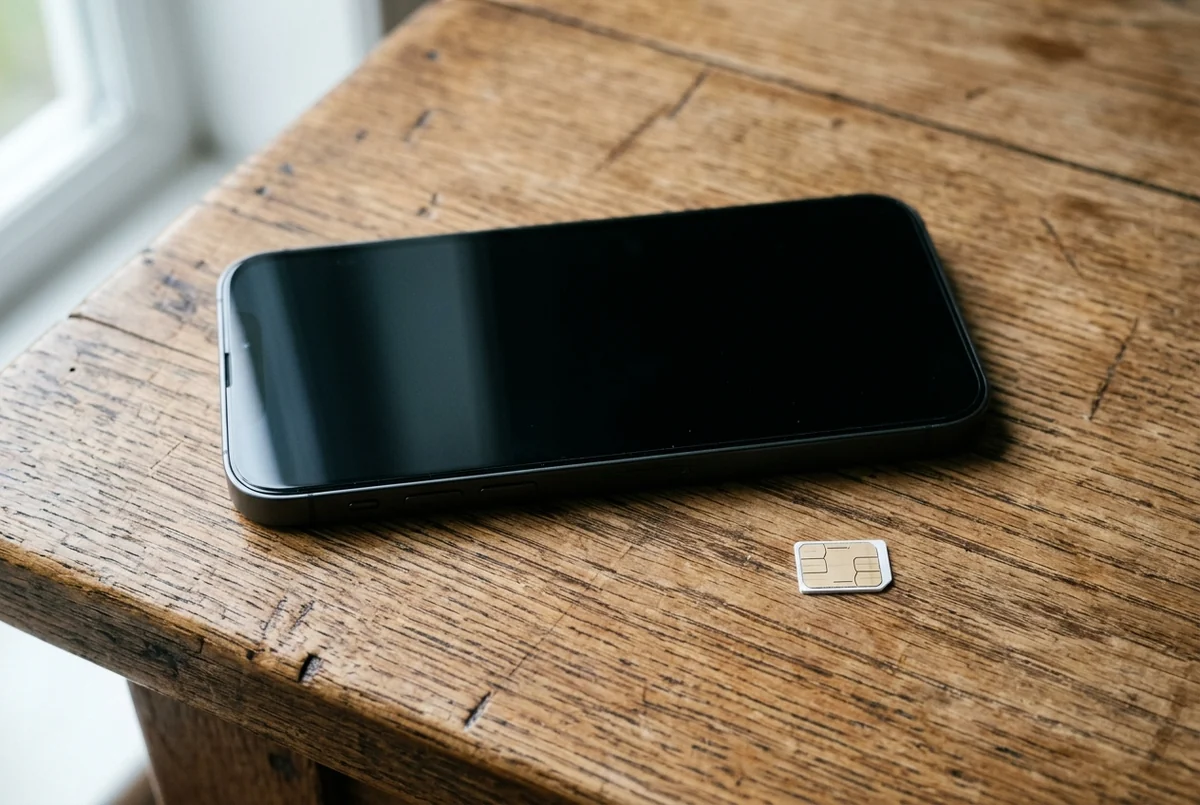 Celular de tela apagada sobre mesa de madeira ao lado de um chip avulso
