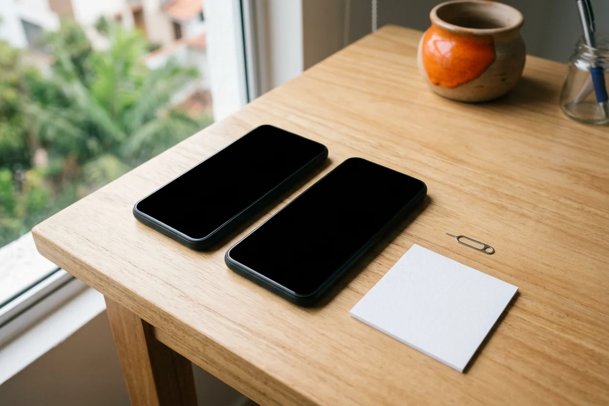 Dois celulares de tela apagada sobre a mesa de madeira, ao lado de uma chave de chip e um bloco branco