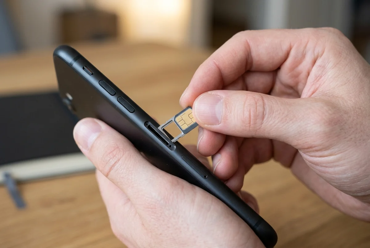 Mãos colocando a gaveta do chip na lateral de um celular preto