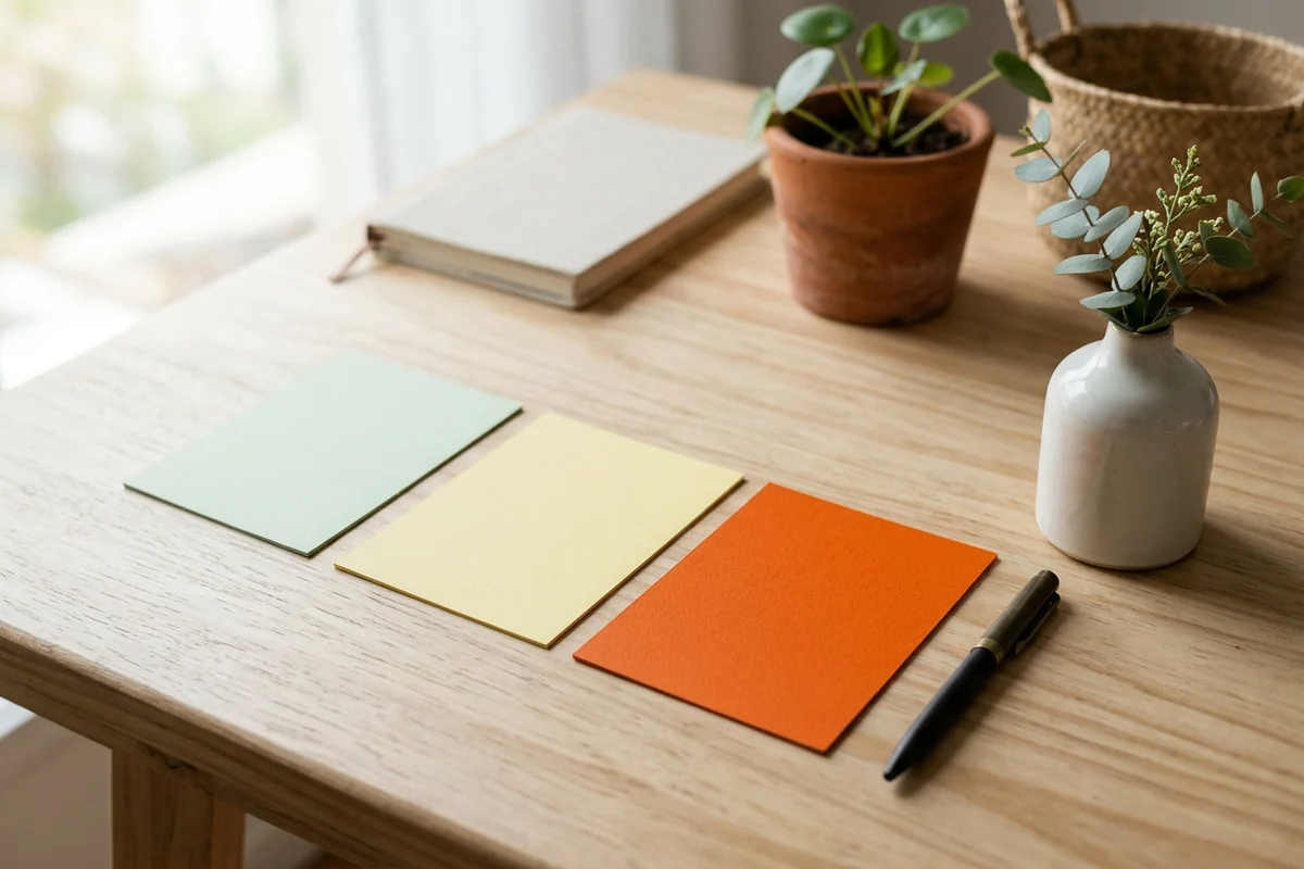 Três cartões coloridos lado a lado sobre a mesa de madeira, com caneta, vaso e caderno ao fundo