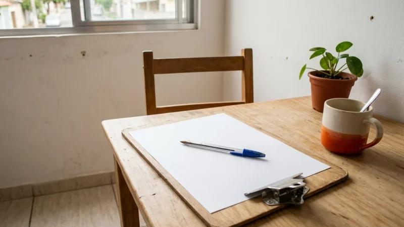Prancheta com folha em branco e caneta sobre mesa de madeira, com caneca laranja e vaso de planta ao lado