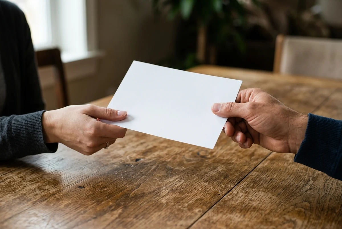 Duas mãos trocando um envelope branco sobre mesa de madeira rústica