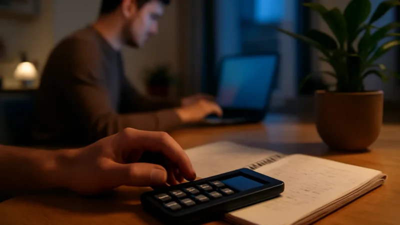 Mão usando calculadora sobre caderno de anotações, com pessoa no notebook ao fundo