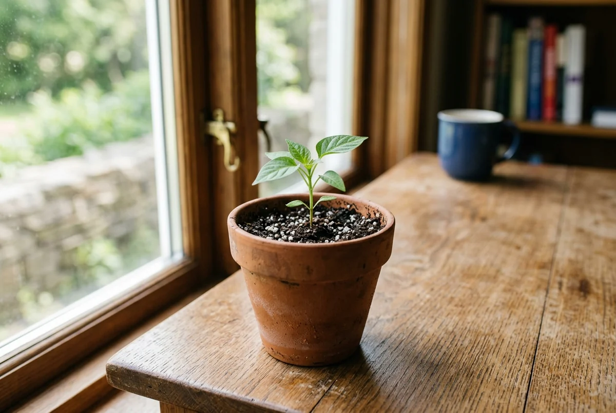 Muda de planta brotando em vaso de barro no peitoril da janela