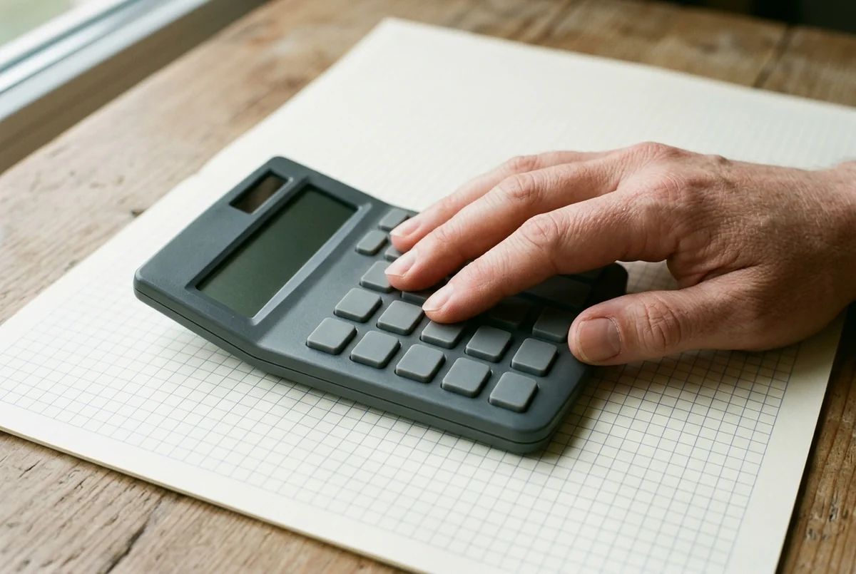 Mão sobre calculadora de visor apagado em folha de papel quadriculado