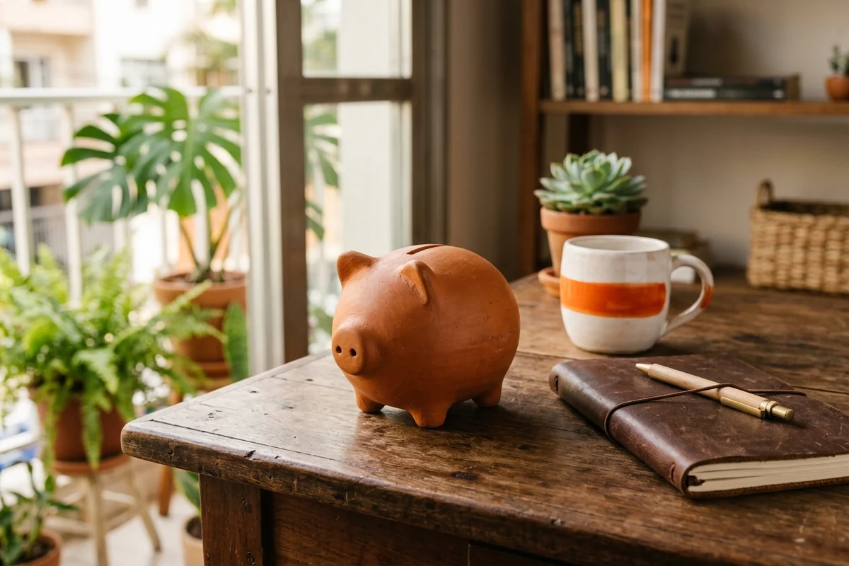 Cofrinho de cerâmica em forma de porco sobre mesa rústica, com caneca laranja e caderno de couro