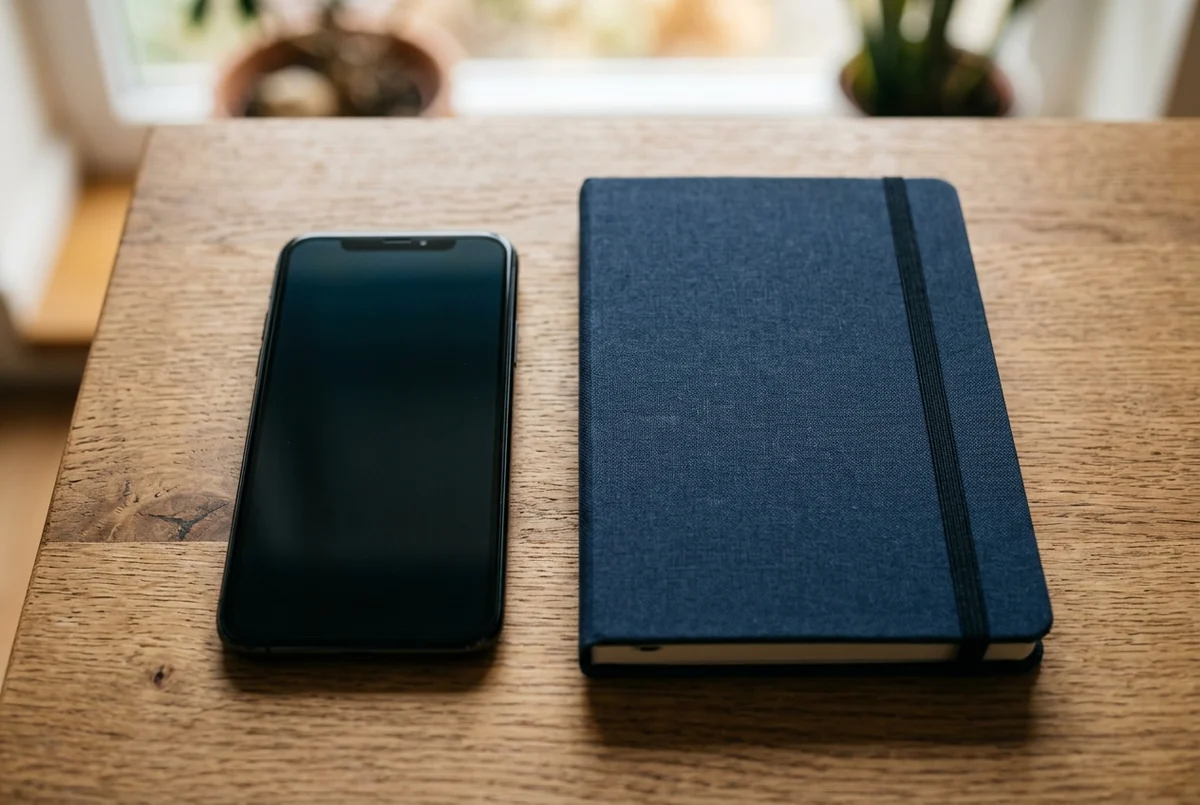 Celular de tela apagada ao lado de um caderno azul fechado com elástico