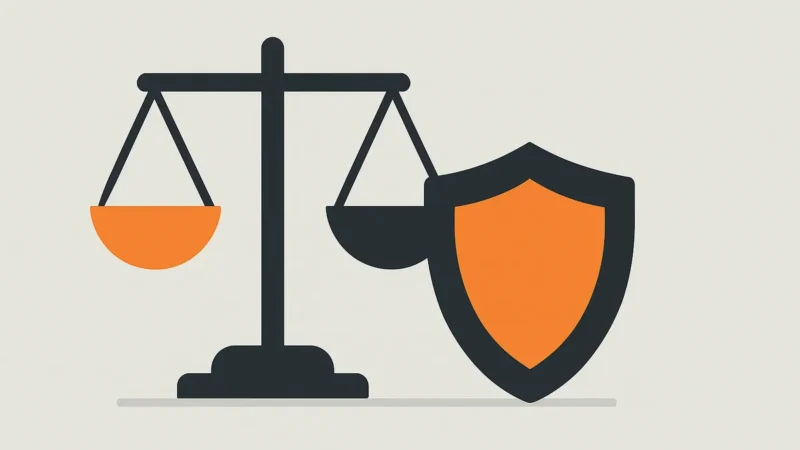 Ilustração de balança da justiça ao lado de um escudo laranja sobre fundo claro
