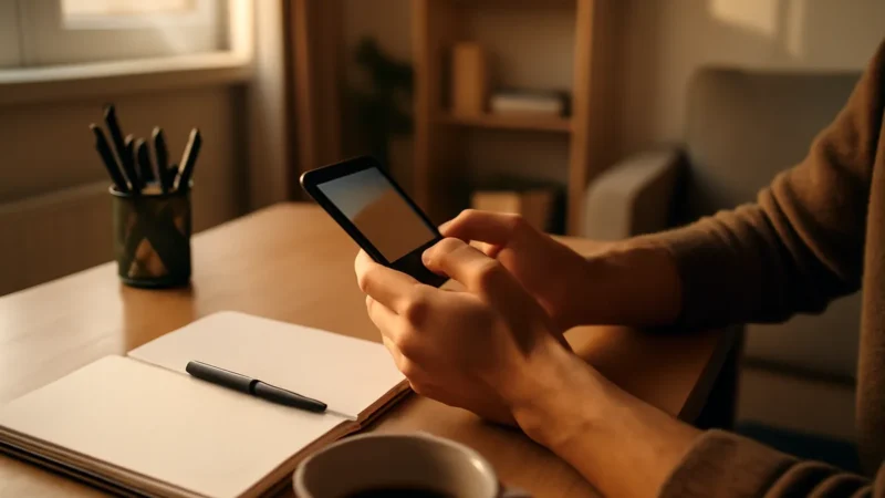 Mãos digitando no celular sobre mesa com caderno aberto, caneta e xícara de café