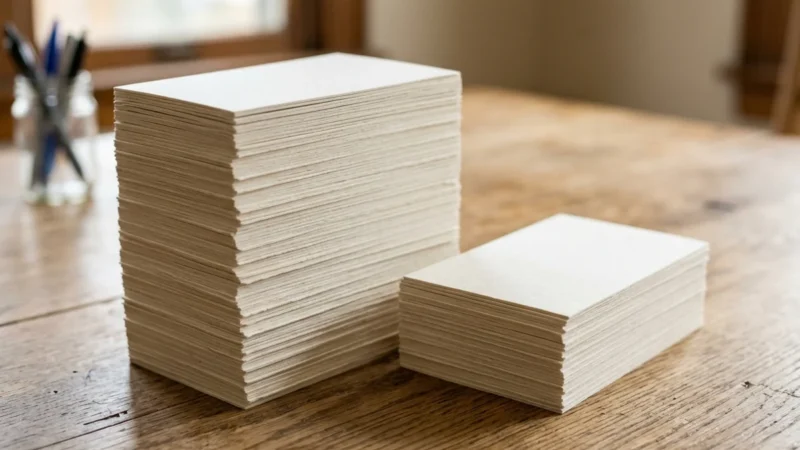 Duas pilhas de cartões brancos de alturas diferentes lado a lado sobre a mesa