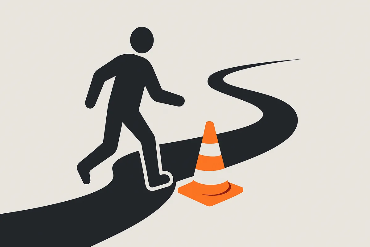 Silhueta desviando de um obstaculo num caminho, simbolizando evitar erros na revenda