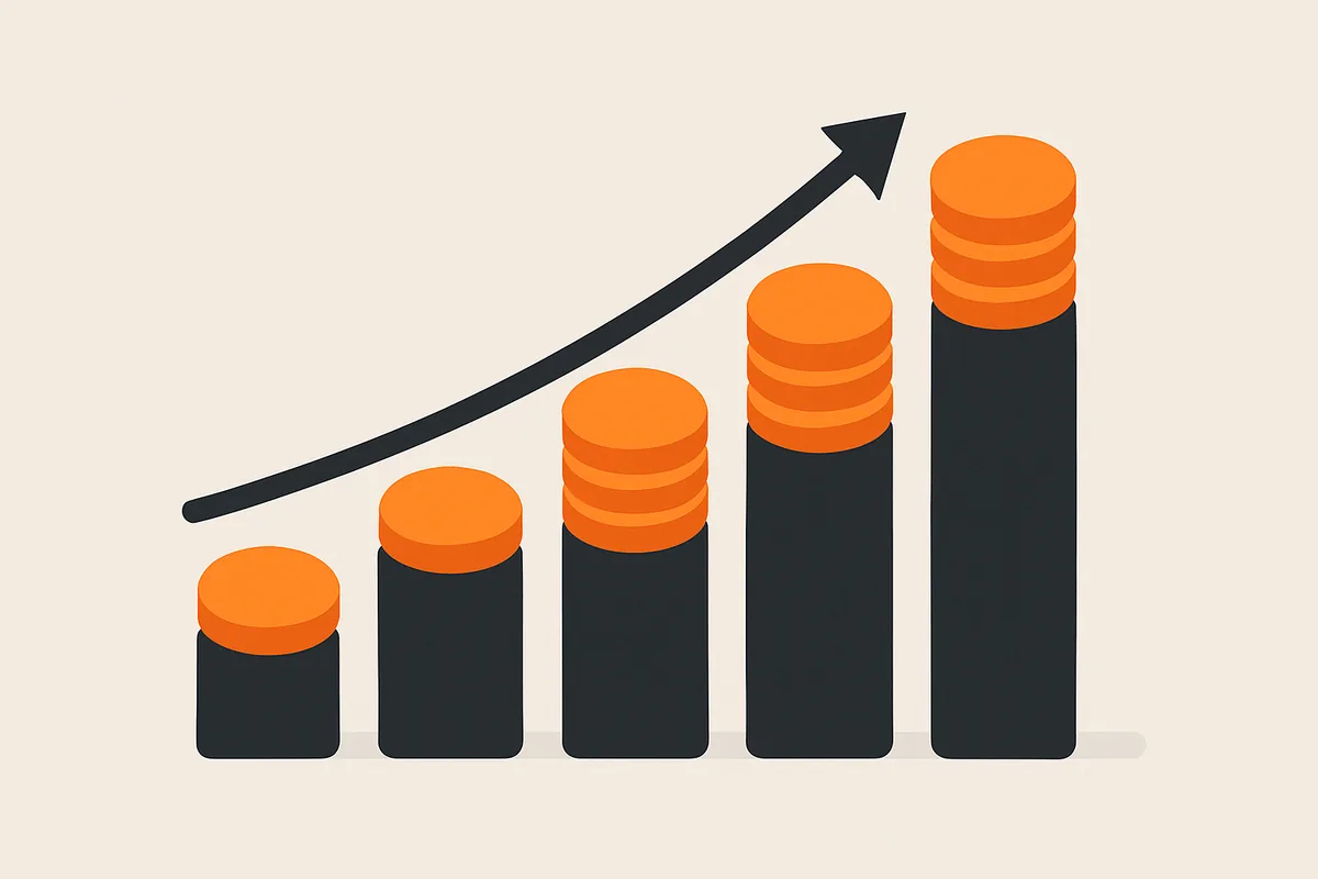 Grafico de barras crescente com tokens abstratos, sem simbolo de moeda